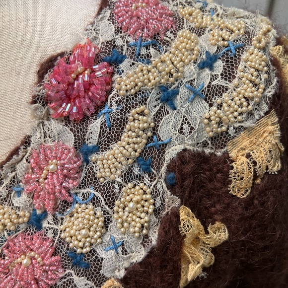 Vintage Free People Antique Lace Seed Pearl Beaded Brown Wool Cropped Cardigan - Picture 12 of 14